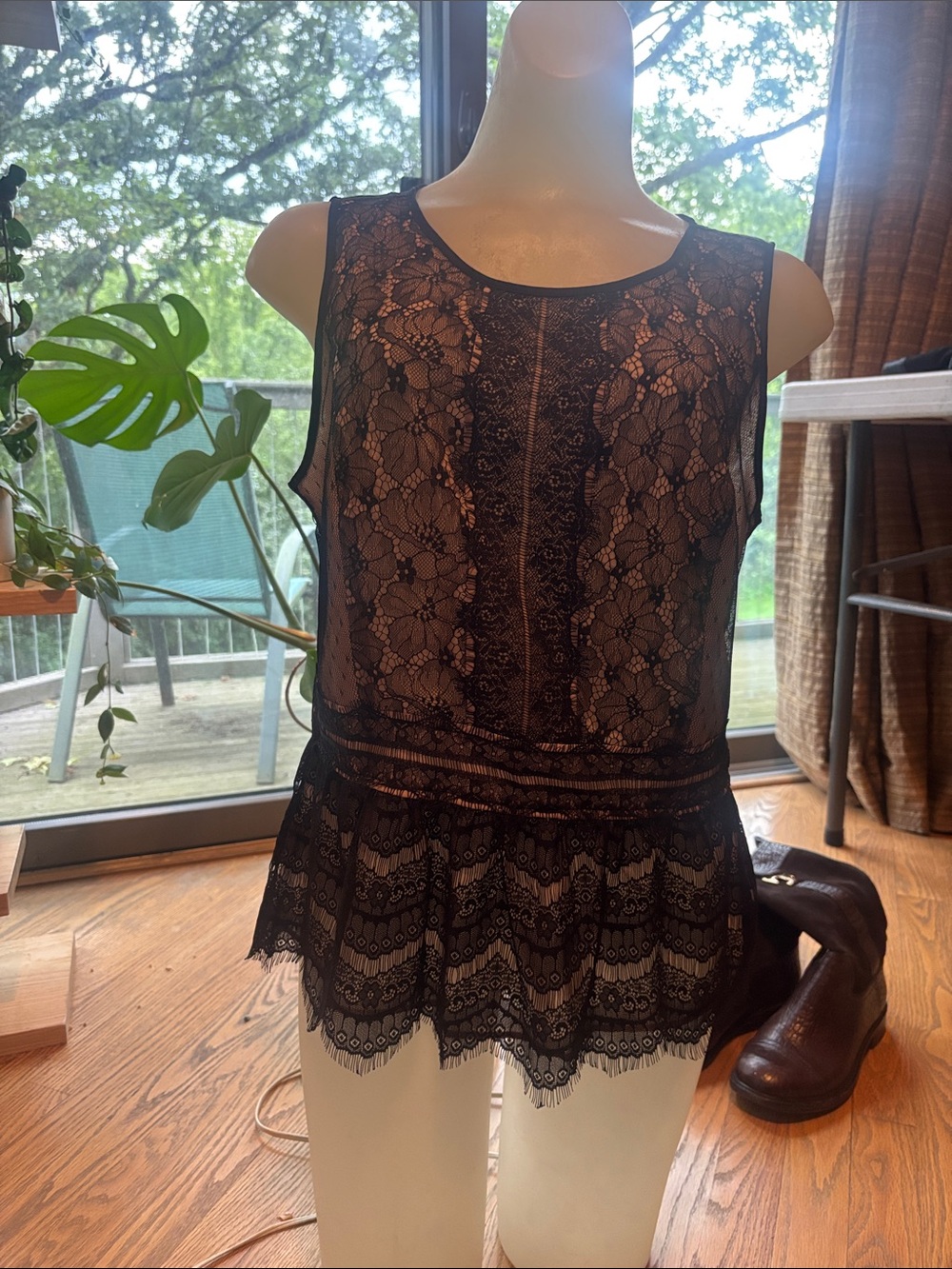 LOFT Black Floral Lace Peplum Camisole